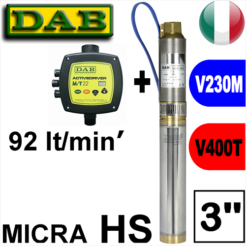 DAB - Sommersa diametro 74mm MICRA.HS 304 completa di inverter ACTIVE DRIVER