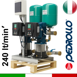 Gruppo aumento pressione idrica con 2 elettropompe Pedrollo ad asse verticale mk serie 5 gestite da inverter - alimentazione monofase 230Vac e motori trifase 400Vac collegati in trifase 230Vac